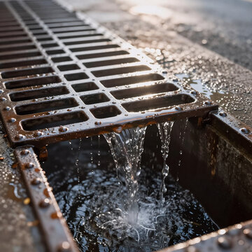 Tribal Tattoo Rain Glare. Storm Sewer Grate, Water Draining After Rain, Defocused Sun Glare Background