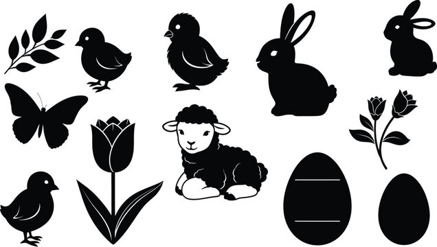 Easter and spring silhouette set with rabbit chicks lamb eggs flowers and butterfly