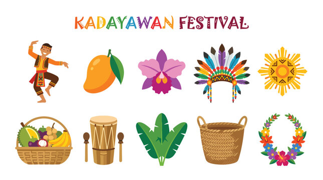 Colorful kadayawan festival symbols with dancer and tropical fruit