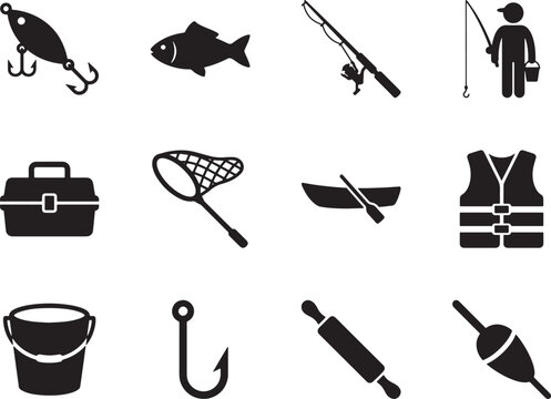 Fishing Icons Set &ndash; Angling Equipment, Fisherman, Boat and Tackle Silhouette Collection

