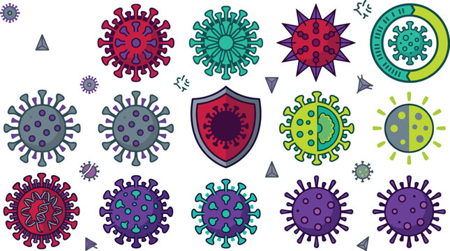 Microbiology Virology Virus and Bacteria Cell Icon Set with Coronavirus Pathogen Structures Antibody Attacks Cross Sections and Immune System Shield Graphics