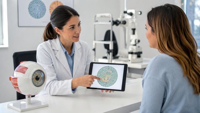 Ophthalmologist shows an Ishihara color blindness test on a tablet to a patient during an eye clinic consultation