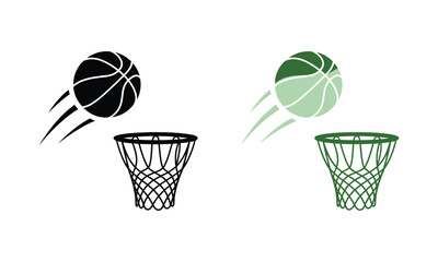 Basketball and hoop vector illustration with motion lines, featuring a ball soaring toward the basket, symbolizing sports action, competition, scoring, and athletic performance. © Abdul Malek
