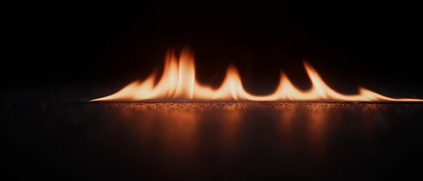 Low Angle Fire Line Burning on Dark Ground Isolated on Black Background