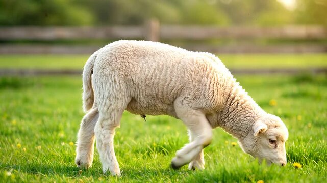 Young lamb grazing on lush green grass in sunlit pasture. Side view of domestic animal feeding in rural meadow with wooden fence. Panning and tilting camera movement.