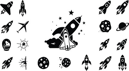 Space Rocket Launch Planet Star Black Silhouette Icon Collection Flat Vector Design Set © MDJAYNAL