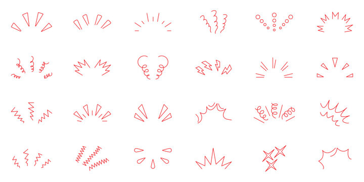 Hand drawn doodle sparkle and sunburst element set. Isolated vector illustration of black ink explosion, shine, rays, and emphasis symbols for creative design and comic style decoration.