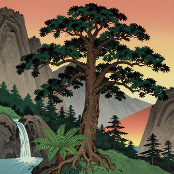 Ukiyo-E Collage Earth. Stylized Collage Of Natural Elements, Featuring Trees And Mountains With Geometric Shapes