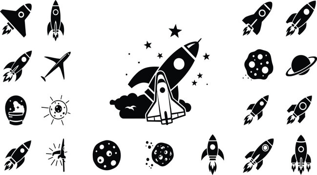Space Rocket Launch Planet Star Black Silhouette Icon Collection Flat Vector Design Set