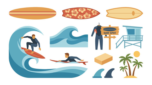 urfboard, colorful summer beach and surfing boards decorated with vibrant patterns, tropical graphics and coastal themes.	
