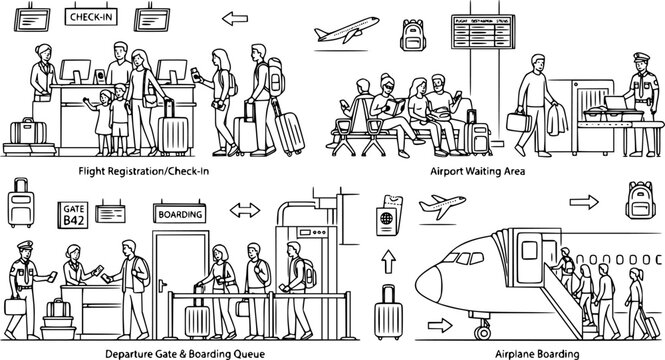 Airport departure area. Plane boarding flight register, tourists with luggage in landing queue check in. People waiting plane departure, travelers aircraft checking vector illustration