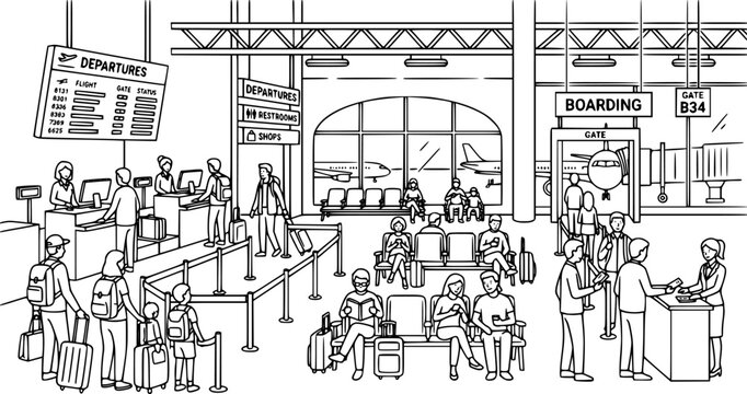 Airport departure area. Plane boarding flight register, tourists with luggage in landing queue check in. People waiting plane departure, travelers aircraft checking vector illustration