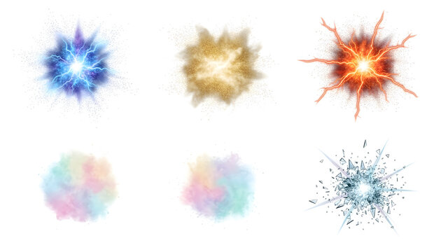 Colorful Powder Explosion Set, Isolated On White Background.