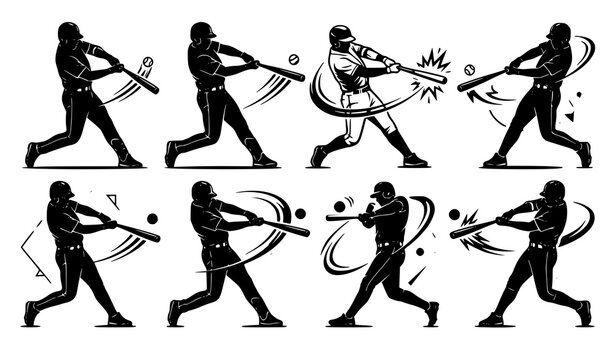 Baseball athlete collection vector batting silhouette sport set