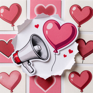 Papercraft Megaphone Fashioned. Retro, Collage-Style Valentine'S Day Greeting Cards Featuring Torn Paper Elements And Trendy Illustrations Like Balloons, Megaphones, And Heart Shapes