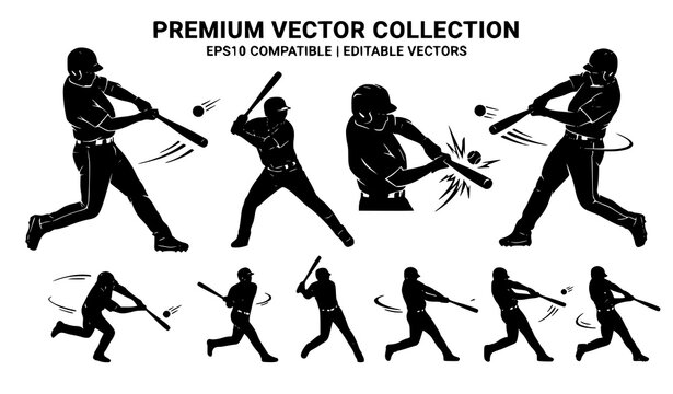 Male baseball batting silhouette bundle vector sport icon illustration