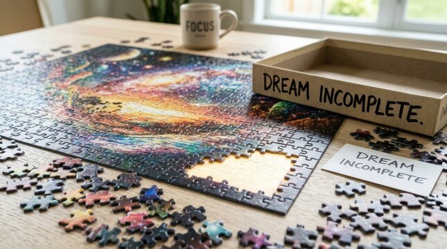 Galaxy puzzle with missing pieces on a wooden table