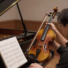 Fototapeta premium 3D Game Piano Antique. A Classical Music Piece Featuring Violin And Piano