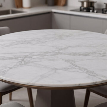Mecha Marble Places. Image Of A Blurred Kitchen With An Empty Marble Table As The Focus