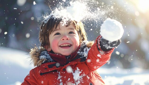 Joyful boy throwing snowball in bright winter sunlight