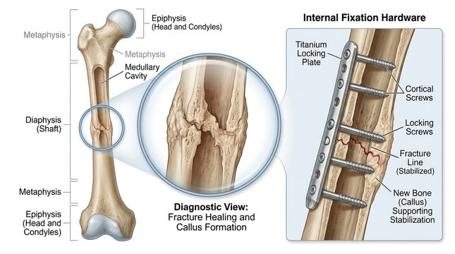 Fracture healing and callus formation shown in femur bone with internal fixation hardware including titanium locking plate and screws stabilizing fracture line and new bone growth