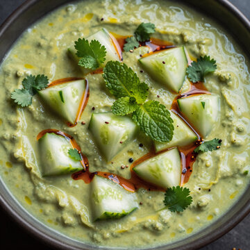 Dramatic Lighting Indian Pakistani. Close-Up Of Indian Spicy Sauce Raita With Herbs And Cucumber In A Bowl, Top View