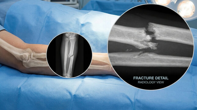 Fractured forearm bone with detailed x ray radiology view showing broken radius and ulna bones, medical examination in hospital setting with patient lying on surgical bed