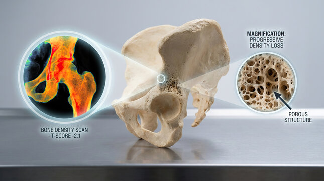 Bone density scan hip bone anatomy with porous structure and progressive density loss magnification showing osteoporosis condition