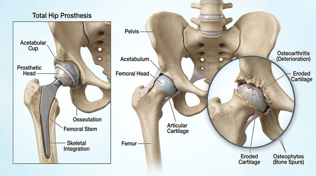Total hip prosthesis anatomy showing acetabular cup prosthetic head femoral stem and skeletal integration with pelvis femur articular cartilage osteoarthritis and bone spurs