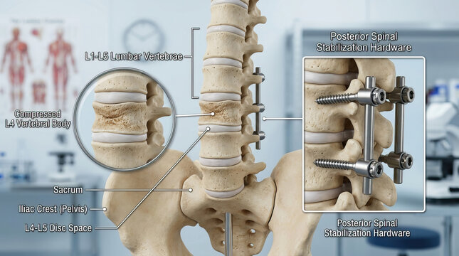 Lumbar vertebrae, compressed vertebral body, sacrum, iliac crest, disc space, and spinal stabilization hardware illustrate lower spine anatomy with medical precision and clarity