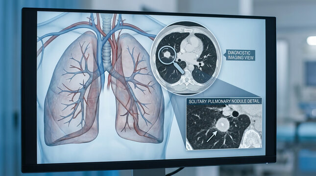 Lung anatomy with diagnostic imaging view showing solitary pulmonary nodule detail on medical monitor in hospital room