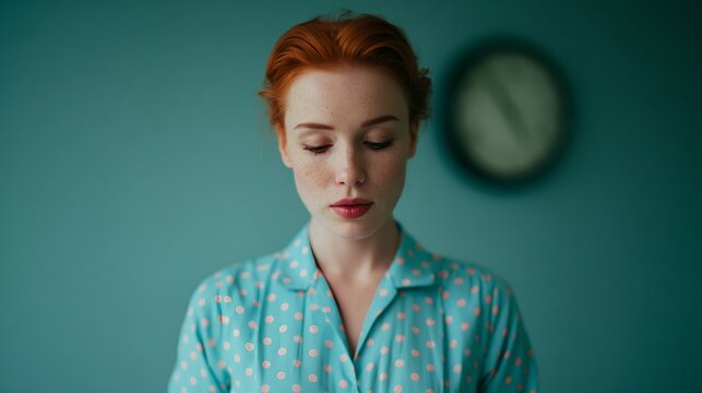 Red-haired woman appears thoughtful