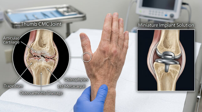 Thumb CMC joint osteoarthritis miniature implant hand anatomy metacarpal bone trapezium bone articular cartilage osteophytes joint damage medical implant hand surgery orthopedic treatment joint