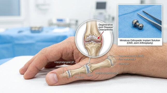 Degenerative joint disease affecting thumb carpometacarpal joint with osteoarthritis illustration and miniature orthopedic implant solution for joint arthroplasty treatment