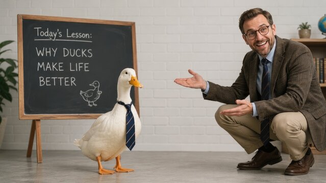 Teacher presenting a duck wearing a tie beside a chalkboard lesson titled "Why ducks make life better"