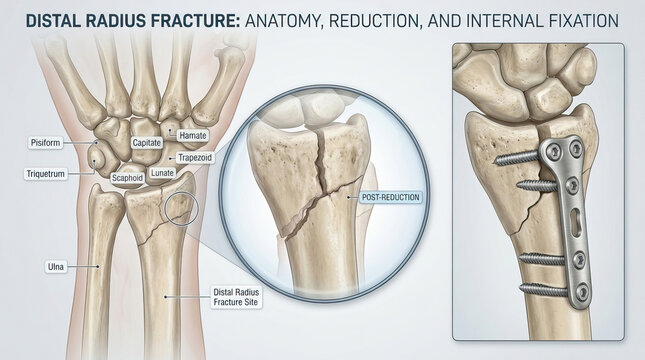 Distal radius fracture anatomy showing wrist bones and internal fixation with metal plate and screws for bone stabilization and healing after fracture reduction