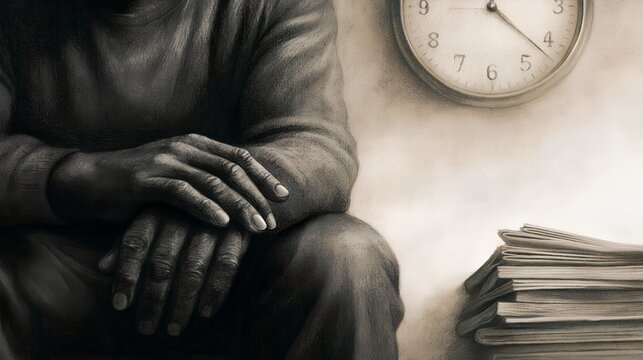 Man with tired hands sits by wall clock, near stack of papers