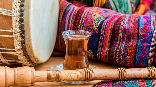 Davul drum and zurna flute beside tulip tea glass, Turkish music and tea culture, realistic still life
