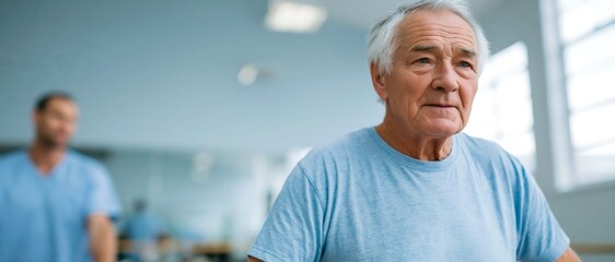 Fototapeta premium An elderly man stands in a clinical setting