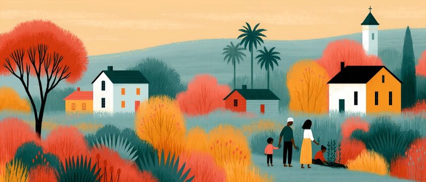 Illustrated autumn village with family enjoying nature's beauty