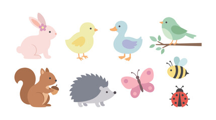 Naklejka premium Adorable flat vector illustration set featuring woodland animals and insects including rabbit, duckling, bird, squirrel, hedgehog, butterfly, bee, and ladybug.