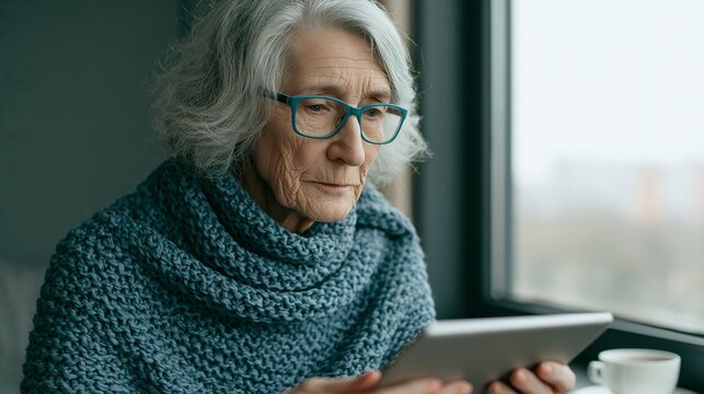 Elderly woman uses digital device indoors