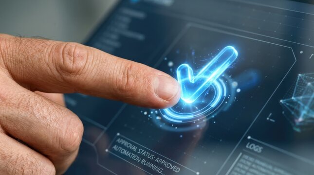 Man finger touching digital screen showing check mark symbol. AI automation software interface monitoring system status. Success and approved task concept in modern business technology network.