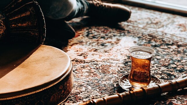 Turkish drum, flute, and tulip tea set, folk music and tea culture symbol, realistic still life, clean background