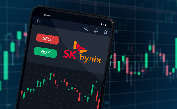 SK hynix logo on mobile phone screen company shares rise or fall on stock exchange market - Warsaw, Poland - 22.06.2026