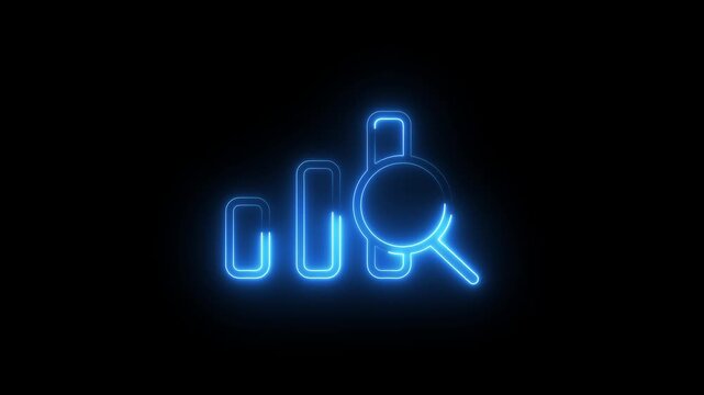 Neon blue bar chart with magnifying glass icon animation for digital data analysis.