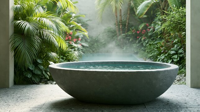 Outdoor stone hot tub nestled in tropical garden