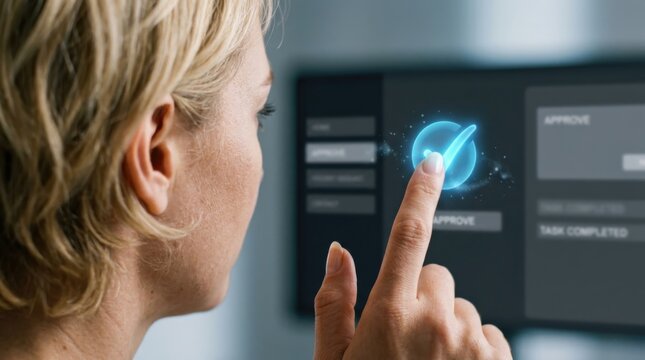Woman touching virtual checkmark on computer screen. AI automation and digital assistant approving task. Innovative interface technology for business workflow and efficient management.