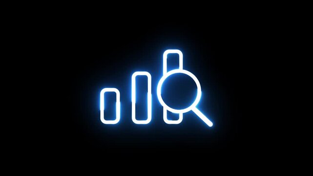Neon blue analytics icon representing data search and performance tracking analysis.