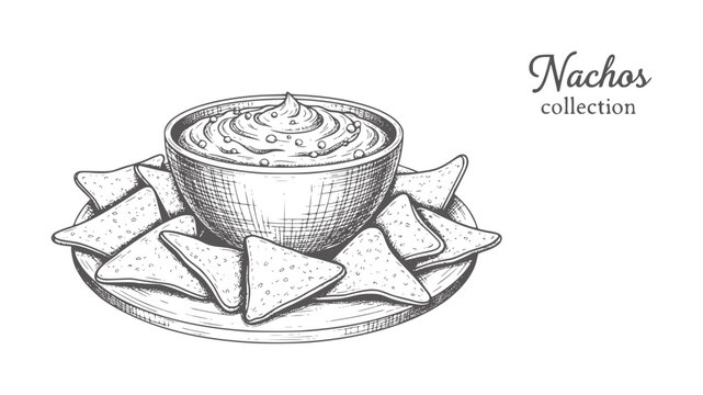 Hand drawn nachos with creamy dip a wooden plate tortilla chips bowl